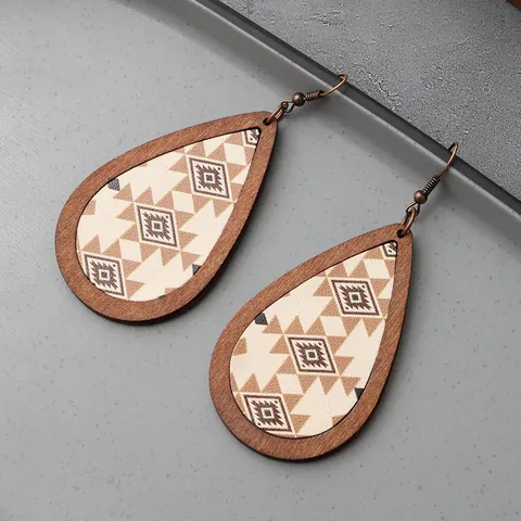 Westlicher Farmstil Tropfen Ohrringe Kunstleder Holz Kuhdruck Kaktus Stierkopf Muster Boho Retro Schmuck Für Damen