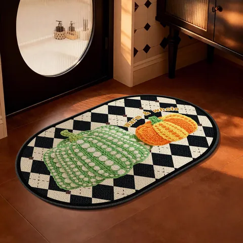 Halloween Pumpkin Bath Mat Linen Look Non-Slip Absorbent Bath Rug Fall Harvest Plaid Door Mat For Bathroom Kitchen Decor