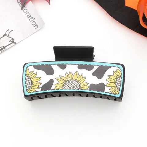 Western Cowboy Style Sunflower Cow Print Synthetic Leather Large Hair Claw Clip Shark Hair Clip For Women Hair Accessory