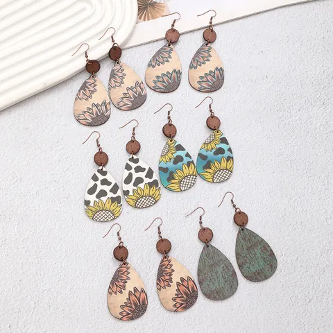 Westliche Vintage Sonnenblume Kuh Muster Holz Wassertropfen Ohrringe Für Damen Bauernhaus Stil Leichte Holzmaserung Ohrhänger Schmuck