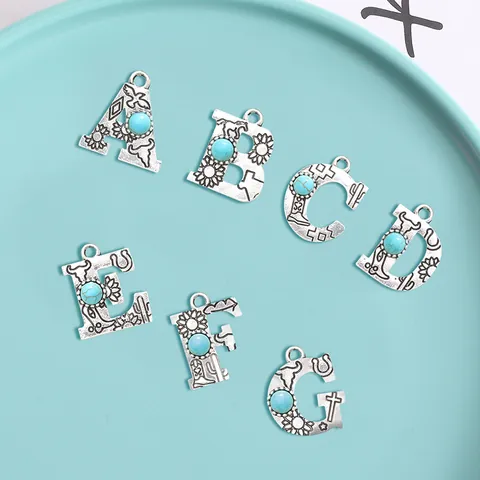 Retro Alloy Letter Pendant Green Artificial Turquoise Bark Texture Alphabet Charm For DIY Jewelry Making Christmas Antique Silver Pendants