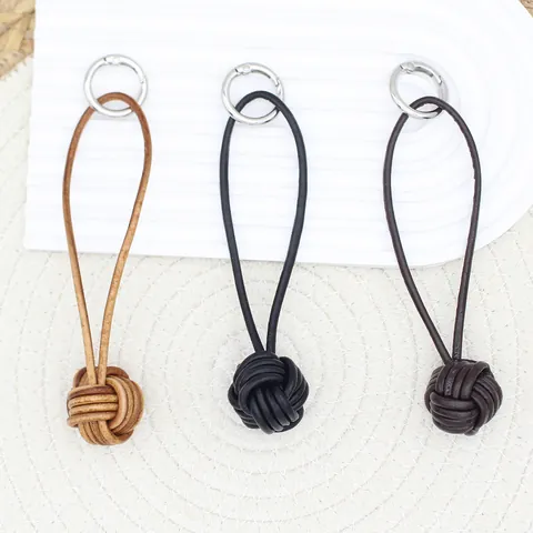 Handwoven Genuine Cowhide Leather Monkey Fist Knot Keychain Vintage Minimalist Bag Pendant Charm With Silver Metal Ring