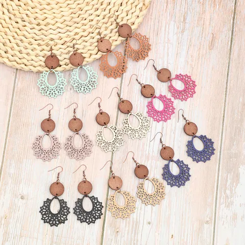Bohemian Hollow Out Wooden Earrings Irregular Geometric Lace Drop Earrings For Women Ethnic Vintage Jewelry Everyday Vacation