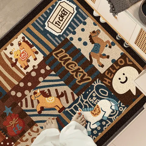 Year Of The Horse 2026 Entrance Mat Red Festive Cartoon Horse Printed Door Mat Anti-Slip TPR Backing Loop Pile Home Rug