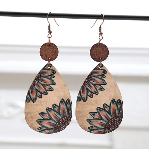 Westliche Vintage Sonnenblume Kuh Muster Holz Wassertropfen Ohrringe Für Damen Bauernhaus Stil Leichte Holzmaserung Ohrhänger Schmuck
