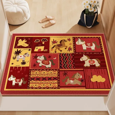 Year Of The Horse 2026 Entrance Mat Red Festive Cartoon Horse Printed Door Mat Anti-Slip TPR Backing Loop Pile Home Rug