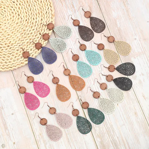 Tropfenform Hohl Leder Holz Gitter Ohrhänger Für Damen Boho Vintage Geometrische Ohrringe Mode Schmuck Accessoire