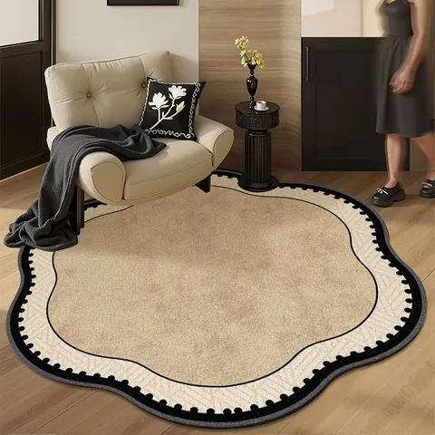 French Vintage Floral Loop Pile Round Rug Waterproof Non-Slip Petal Shaped Area Carpet For Living Room Bedroom Home Decor