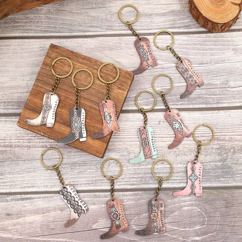 Western Retro Cowboy Boot Keychain Ethnic Floral Totem Pattern Boot Key Ring Bag Pendant Zinc Alloy Keychain For Women Men