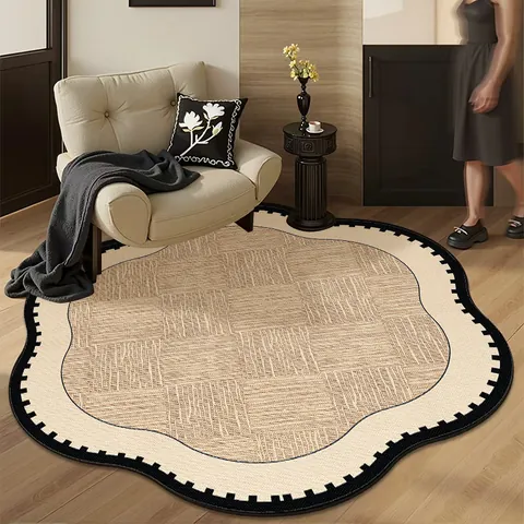 French Vintage Scalloped Round Rug Retro Polyester Thermal Transfer Waterproof Non-Slip Carpet For Living Room Bedroom Decor