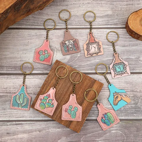 Western Farm Style Cattle Ear Tag Keychain Cactus Horse Head Vintage Bronze Zinc Alloy Pendant Bag Car Key Ring Jewelry