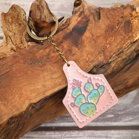 Western Farm Style Cattle Ear Tag Keychain Cactus Horse Head Vintage Bronze Zinc Alloy Pendant Bag Car Key Ring Jewelry