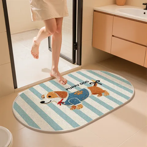 Alfombrilla de Baño de Poliéster Efecto Lino Absorbente Secado Rápido Antideslizante Dibujos Animados Perro Tapete Interior