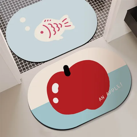 Alfombrilla de Baño Absorbente de Barro de Diatomeas Antideslizante Secado Rápido Alfombra Ovalada Dibujos Animados Sello Manzana