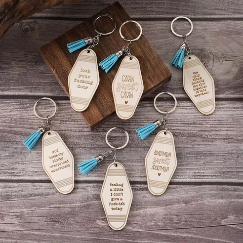 Porte-clés Motel en Bois avec Gland Gravé au Laser Phrase Amusante Style Vintage Hôtel Cadeau pour Hommes Femmes