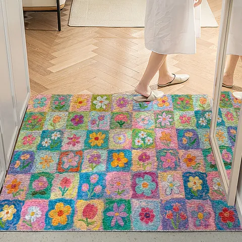 Floral Pattern PVC Silk Loop Entry Door Mat Anti-Slip Washable Indoor Hallway Rug For Home Office Floor Protection
