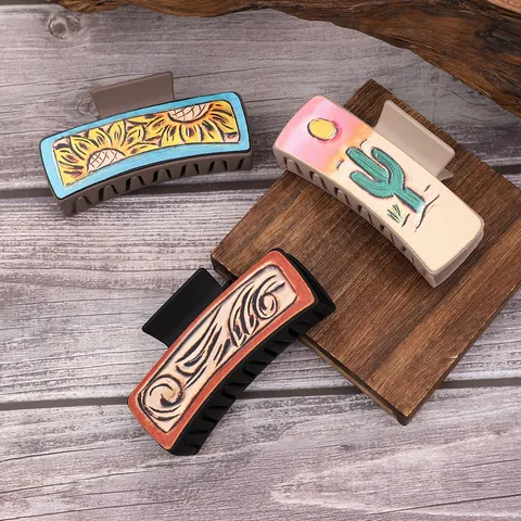 Westernstijl Haarklem Voor Dames Zonnebloem Cactus Patroon Retro Kunstleer Haai Clip Accessoires Voor Haardecoratie