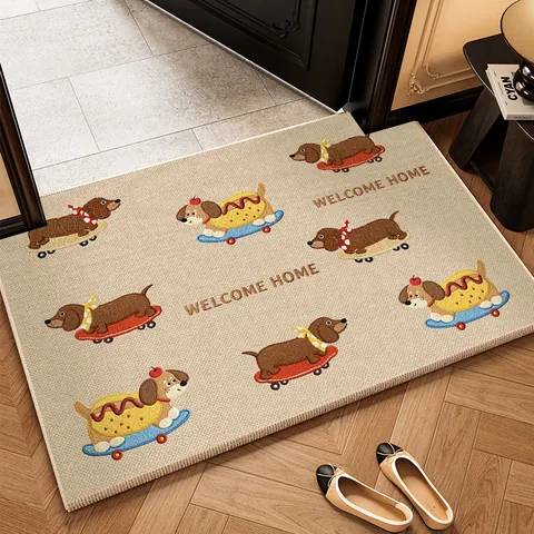 Dachshund Cartoon Printed Entryway Doormat TPR Polyester Loop Pile Anti Slip Absorbent Dirt Resistant Home Decor Floor Mat Rug