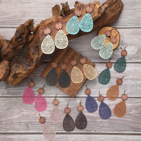 Tropfenform Hohl Leder Holz Gitter Ohrhänger Für Damen Boho Vintage Geometrische Ohrringe Mode Schmuck Accessoire