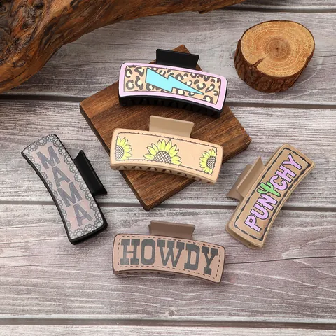 Western Vintage Faux Leather Hair Claw Clip For Women Leopard Sunflower Mama Howdy Cactus Large Shark Clip Hair Accessory