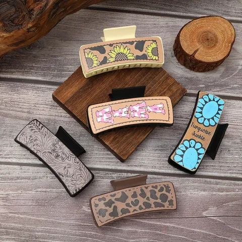 Western Vintage Synthetic Leather Hair Claw Clip For Women Cow Sunflower Leopard Printed Large Hair Clip Hair Accessories