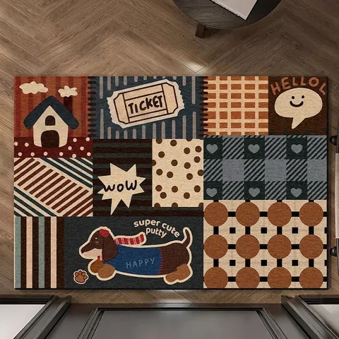 Felpudo de PVC con Diseño de Patchwork Animado Retro Antideslizante Resistente a la Suciedad Alfombra de Bucle Recortable Estilo Vintage para Entrada Hogar