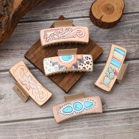 Vintage Westerse Cowboy Stijl Leren Haarklem Grote Vierkante Reliëf Bloem Cactus Patroon Haarklem Haaraccessoires Voor Vrouwen