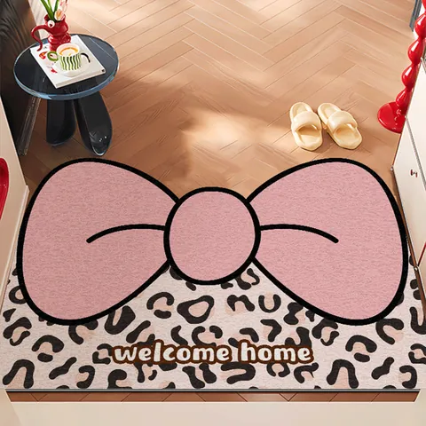 Λεοπάρ Πατάκι Εισόδου με Φιόγκο PVC Silk Ring Welcome Home Αντιολισθητικό Πατάκι για Εσωτερική και Εξωτερική Διακόσμηση Σπιτιού