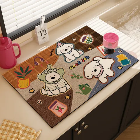 Tappetino per Macchina da Caffè Cartone Animato Gatto Cane Assorbente PVC Texture Fango Diatomaceo Antiscivolo Scolapiatti Cucina