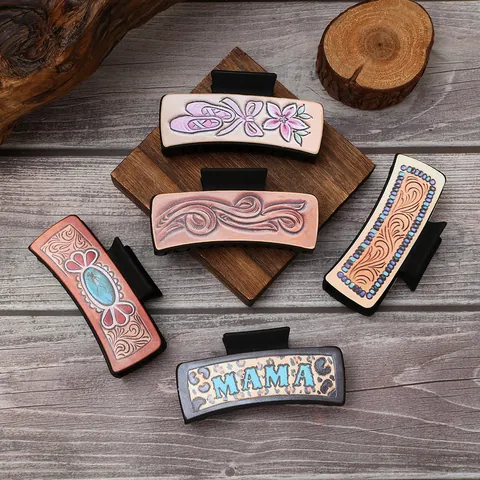 Westernstijl Haarklem Voor Dames Zonnebloem Cactus Patroon Retro Kunstleer Haai Clip Accessoires Voor Haardecoratie