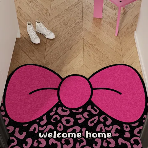 Λεοπάρ Πατάκι Εισόδου με Φιόγκο PVC Silk Ring Welcome Home Αντιολισθητικό Πατάκι για Εσωτερική και Εξωτερική Διακόσμηση Σπιτιού