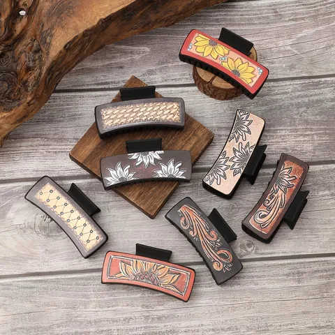 Western Faux Leather Hair Claw Clip Vintage Sunflower Woven Pattern Large Shark Clip Hair Accessories For Women Girls