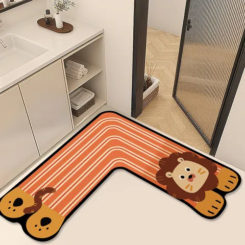 L-Shaped Cartoon Animal Bathroom Mat Diatom Mud Absorbent Non-Slip Corner Floor Mat For Bathroom Kitchen Toilet Door Foot Mat