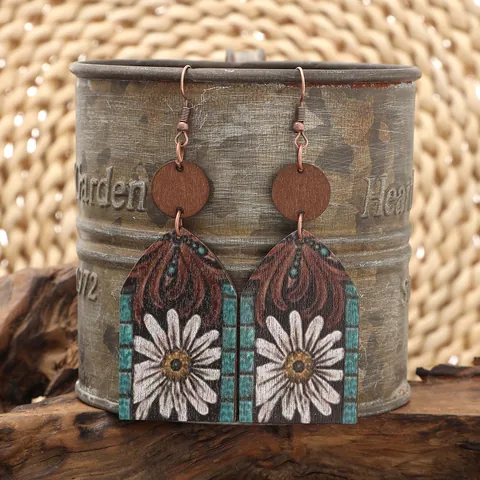 Western Cowboy Style Wood Dangle Earrings Vintage Bohemian Printed Flower Bull Skull Horse Wood Earrings For Women Jewelry