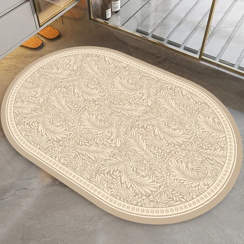 American Vintage Floral Oval Bathroom Mat Absorbent Quick Dry Floor Rug Anti-Slip Natural Rubber Diatom Mud Door Mat For Toilet