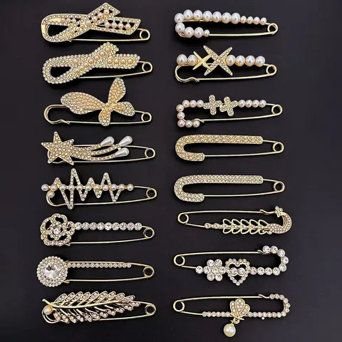Alloy Rhinestone Artificial Pearl Brooch Pin For Women Pants Waist Tightener Safety Pin Anti-Exposure Clothing Decoration Accessary