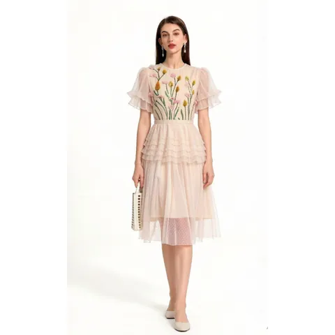 Women Luxury Mesh Embroidered 3D Sequin Flower Patchwork Ruffle Sleeve Layered Cake Midi Dress For Party Banquet Event
