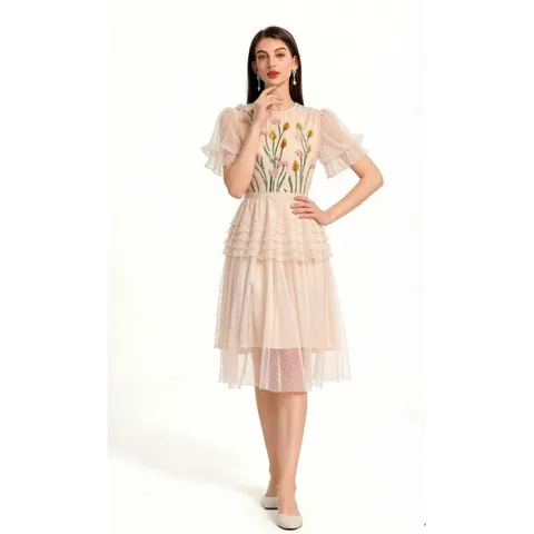Women Luxury Mesh Embroidered 3D Sequin Flower Patchwork Ruffle Sleeve Layered Cake Midi Dress For Party Banquet Event