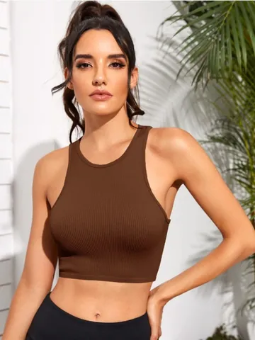 Women Recycled Nylon Ribbed Sports Tank Top Racerback Moisture Wicking Quick Dry Cropped Fitness Yoga Running Gym Top