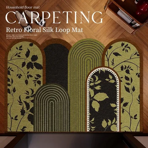 Vintage Floral Silk Loop Entrance Mat Non-Slip PVC Dirt-Resistant Washable DIY Cut Floor Door Mat For Hallway Home