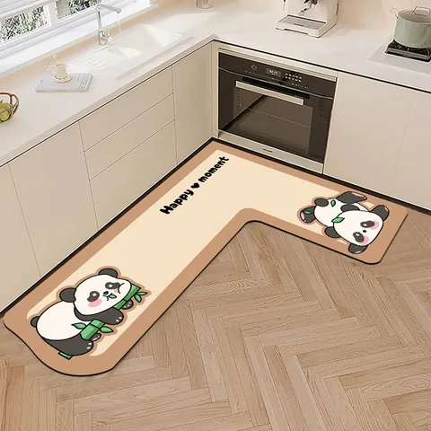 Creamy Style L-Shaped Kitchen Mat Panda Cartoon Absorbent Oil-Proof Polyester Non-Slip Corner Floor Pad For Home Dining Room