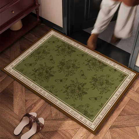Vintage Green Diatom Mud Entrance Door Mat Anti-Slip Washable Indoor Rug Floral Butterfly Pattern Decorative Floor Pad