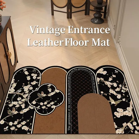 Mid-century Modern PVC Leather Entryway Mat Non-slip Easy Clean Trimmable Vintage Floral Bird Arch Geometric Floor Rug