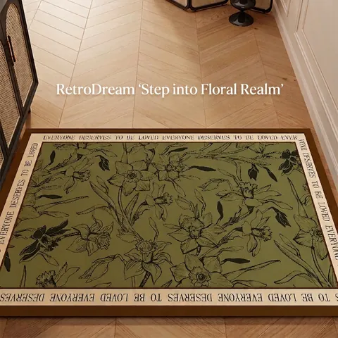Vintage Green Diatom Mud Entrance Door Mat Anti-Slip Washable Indoor Rug Floral Butterfly Pattern Decorative Floor Pad