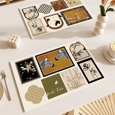 French Retro PVC Leather Placemats Waterproof Oilproof Heat Resistant Dining Table Mat Light Luxury Artistic Printed Placemats For Home Restaurant Decor