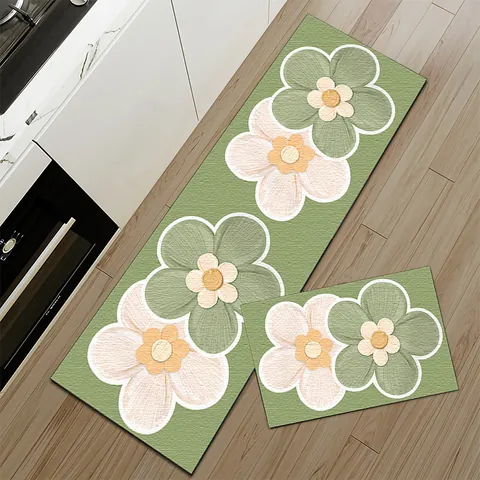 Floral Kitchen Mat Non-Slip Waterproof Oil-Proof PVC Leather Rug Absorbent Washable Kitchen Floor Mat Set For Kitchen Decor