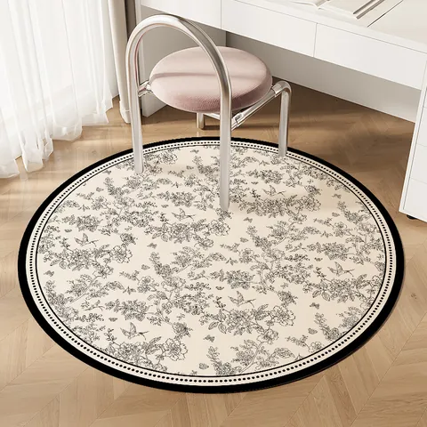 Round PVC Floor Mat Vintage Floral Printed Rug Anti-Slip Wipeable Carpet for Bedroom Dressing Table Vanity Chair Decor