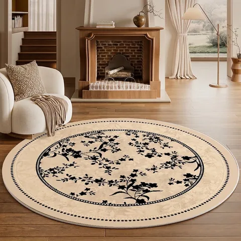 French Mid-century Vintage Round Area Rug for Living Room Bedroom Non-slip Waterproof Washable Loop Pile Floral Butterfly Carpet