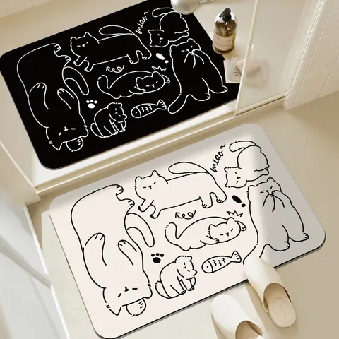 Alfombra de Baño Antideslizante Absorbente de Secado Rápido de PVC con Patrón de Gato y Conejo de Dibujos Animados Alfombra de Puerta de Entrada