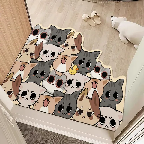 Tappetino d'Ingresso in Stile Crema Nordica con Gatto del Fumetto Impermeabile Antiscivolo in Pelle PU per Ingresso Soggiorno Lavabile